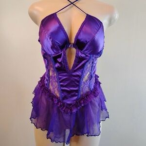 Satin & Lace Purple Halter Babydoll Chemise